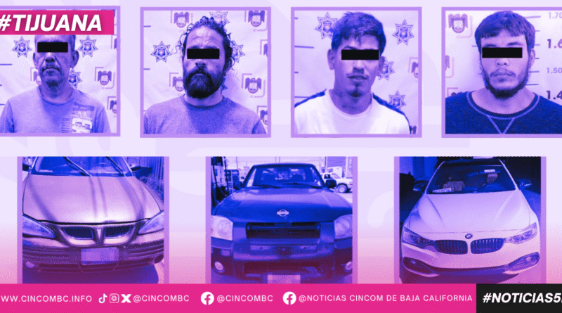 Recupera Policía Municipal de Tijuana tres vehículos con reporte de robo y detiene a cuatro personas