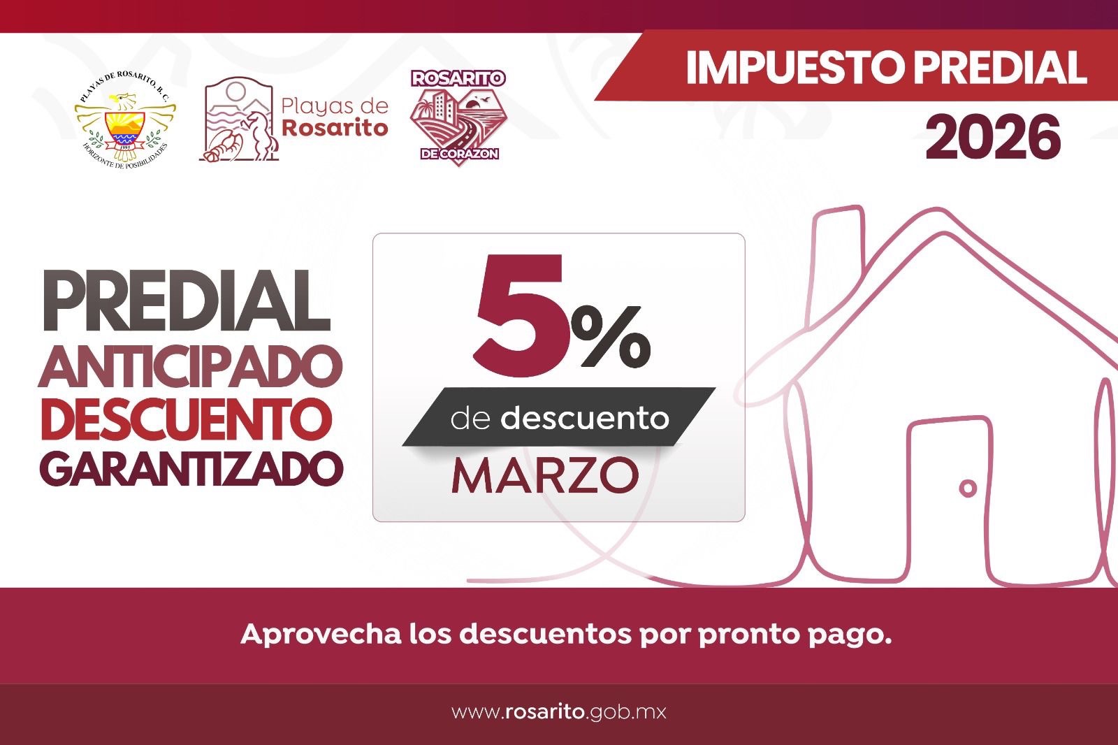 Gobierno de Playas de Rosarito invita a aprovechar el 5% de descuento en el pago del impuesto predial durante marzo