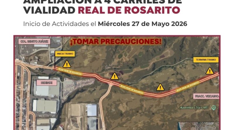 Gobierno Municipal de Playas de Rosarito hace llamado a la ciudadanía a tomar precauciones ante el próximo inicio de obras de ampliación a cuatro carriles en bulevar Real de Rosarito