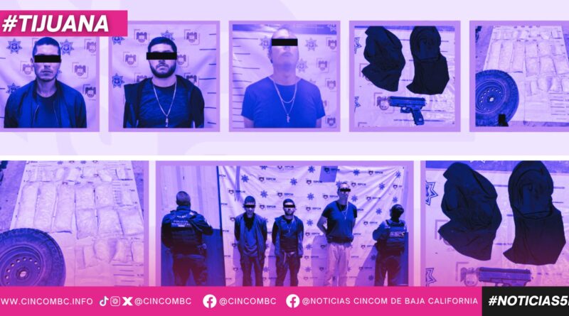 Asegura Policía Municipal de Tijuana a tres personas por robo de vehículo y posesión de 38 kilos de cristal