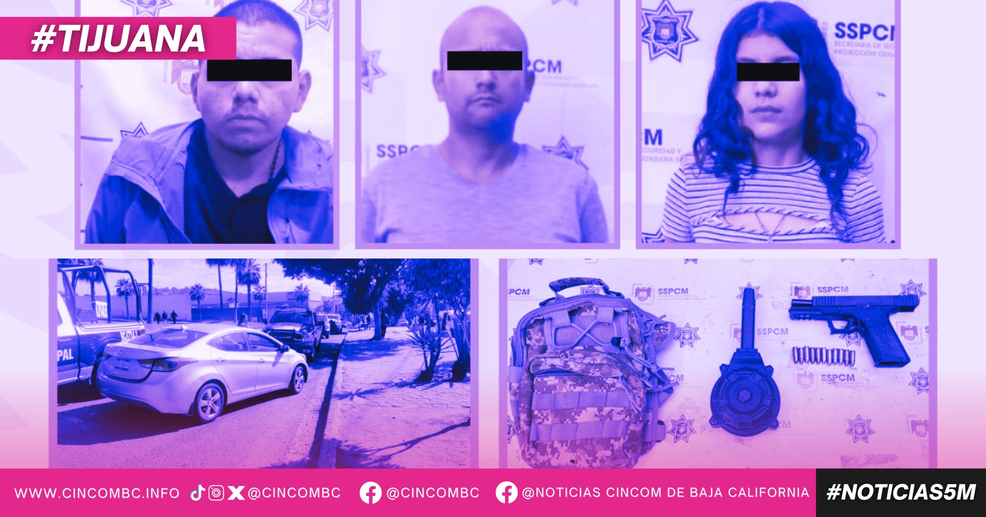 Asegura Policía Municipal de Tijuana a tres personas, un arma y vehículo con reporte de robo